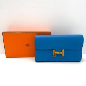 HERMES "Bleu Hydra" Constance Long Evercolor Leather Wallet GHW